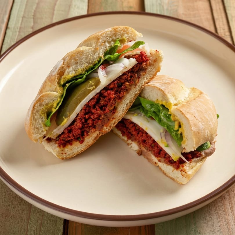 Two halves of a Mexican torta sandwich with chorizo, lettuce, onions, and pickles on a plate.