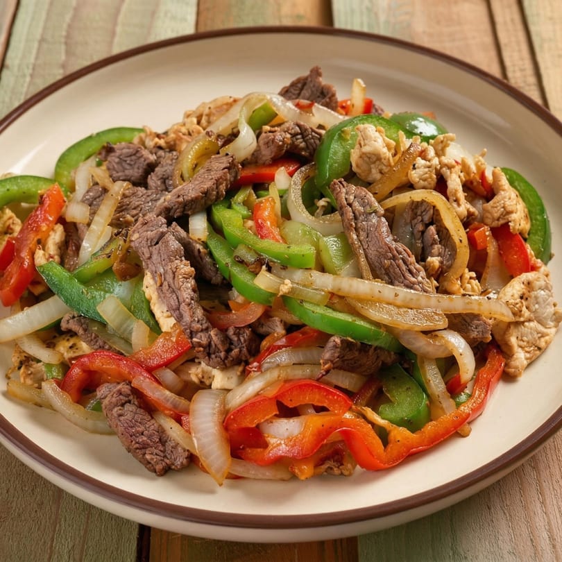 A plate of sizzling fajitas with steak, chicken, red and green bell peppers, and onions.