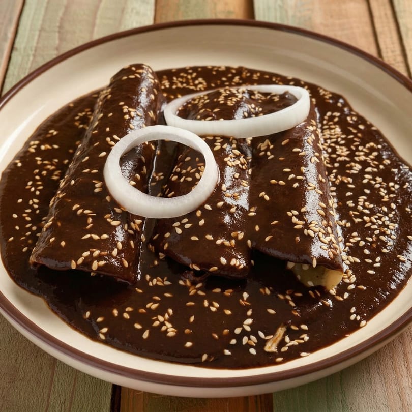 Three enchiladas covered in dark mole sauce, sprinkled with sesame seeds and topped with onion rings.