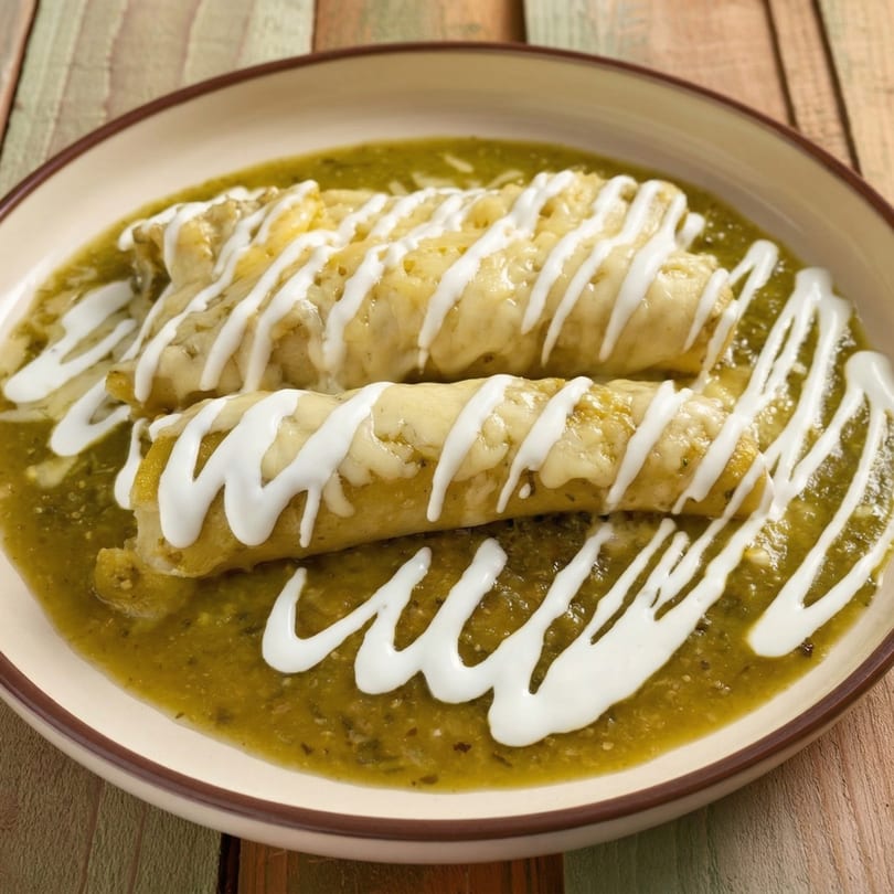 Three enchiladas covered in green sauce, melted cheese, and a drizzle of white sour cream.