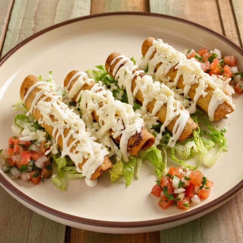 Four golden taquitos topped with white sauce and shredded cheese, served on lettuce with pico de gallo.